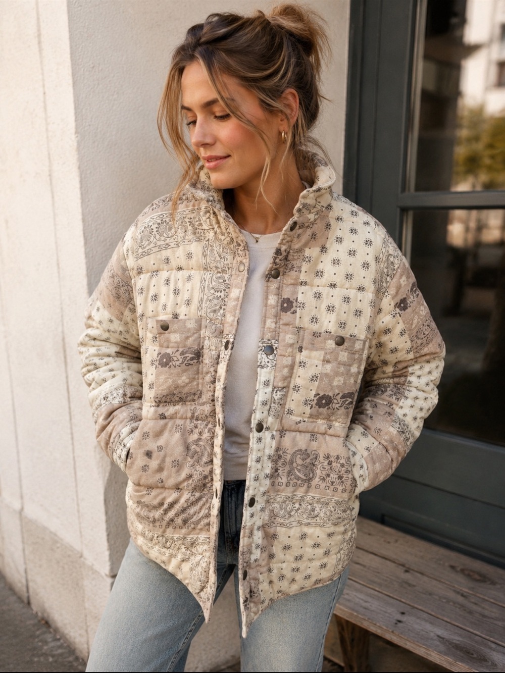 Urban Outfitters BDG Beige Paisley Patchwork Quilted Jacket XL boho oversized
